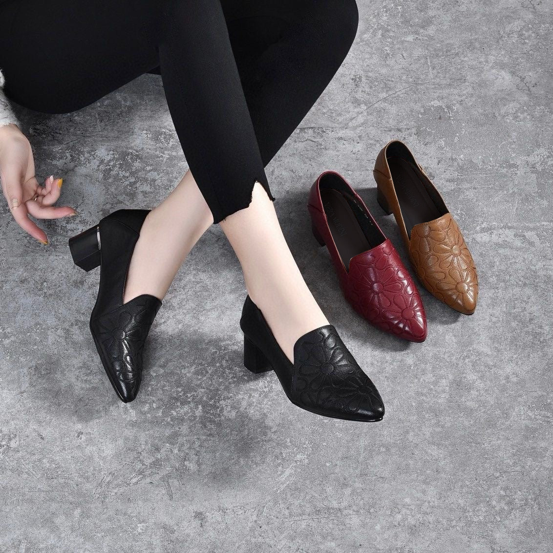 Elody Soft Leather Pumps with Embroidery