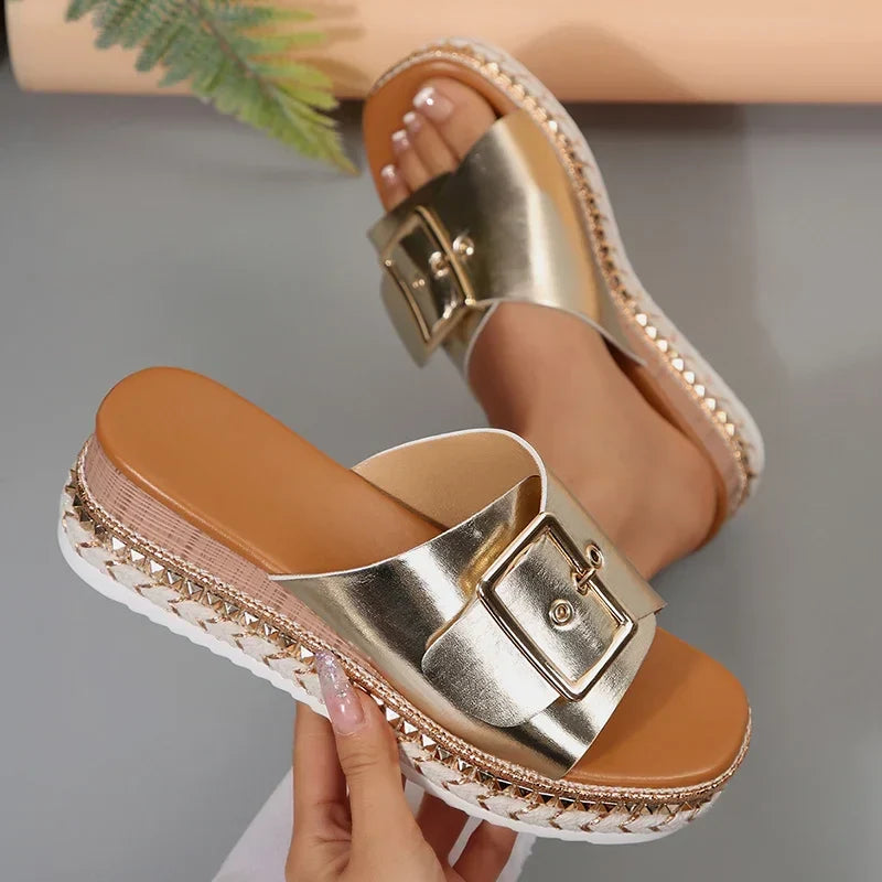 Metal Buckle Platform Slippers