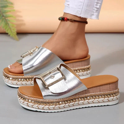 Metal Buckle Platform Slippers