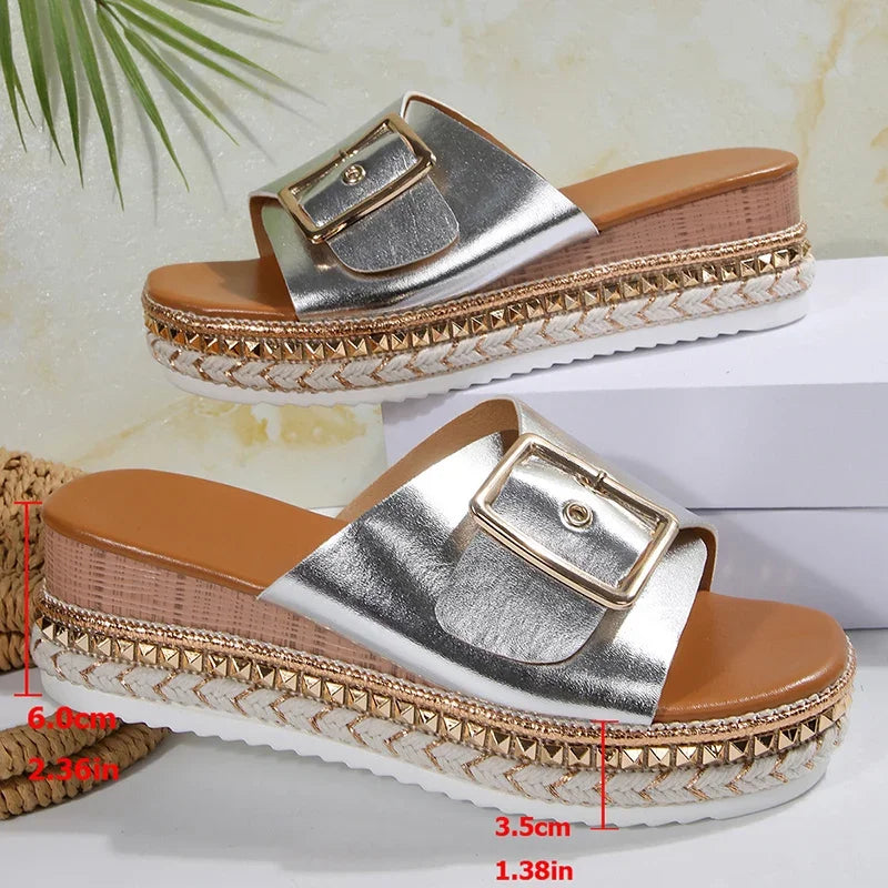 Metal Buckle Platform Slippers