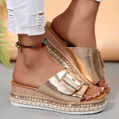 Metal Buckle Platform Slippers