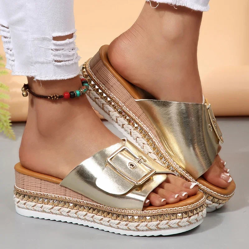 Metal Buckle Platform Slippers