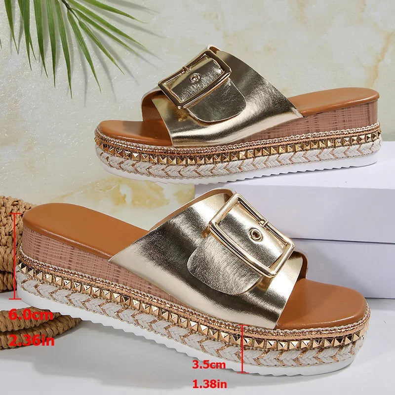 Metal Buckle Platform Slippers