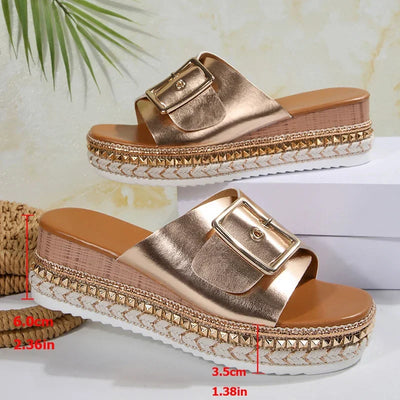 Metal Buckle Platform Slippers